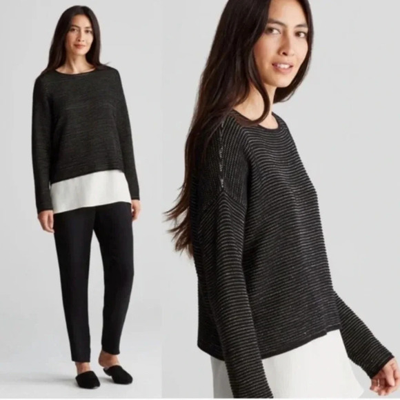 Eileen Fisher Sweaters - Eileen Fisher Silk Linen Organic Cotton Sweater Black Stitched Medium‎ Petite